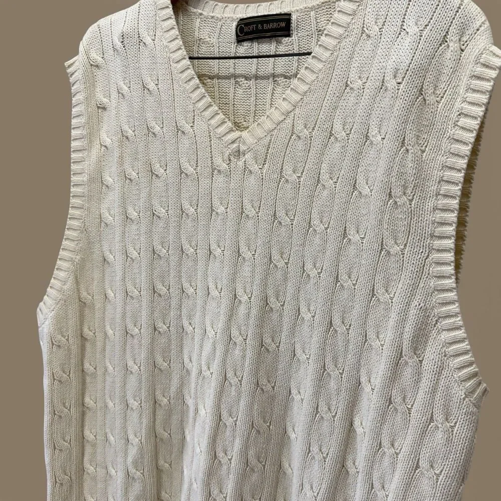 Mens Cable Knit Sweater Vest XL Ivory V Neck Pullover Knit Cotton Prep Academia